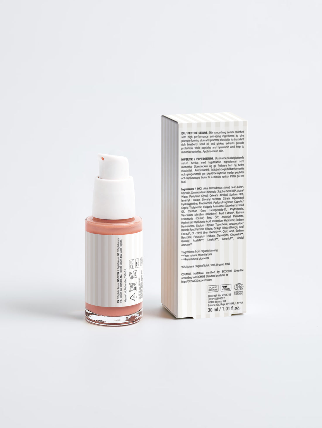 The serum bottle beside the carton, ingredient panel facing out