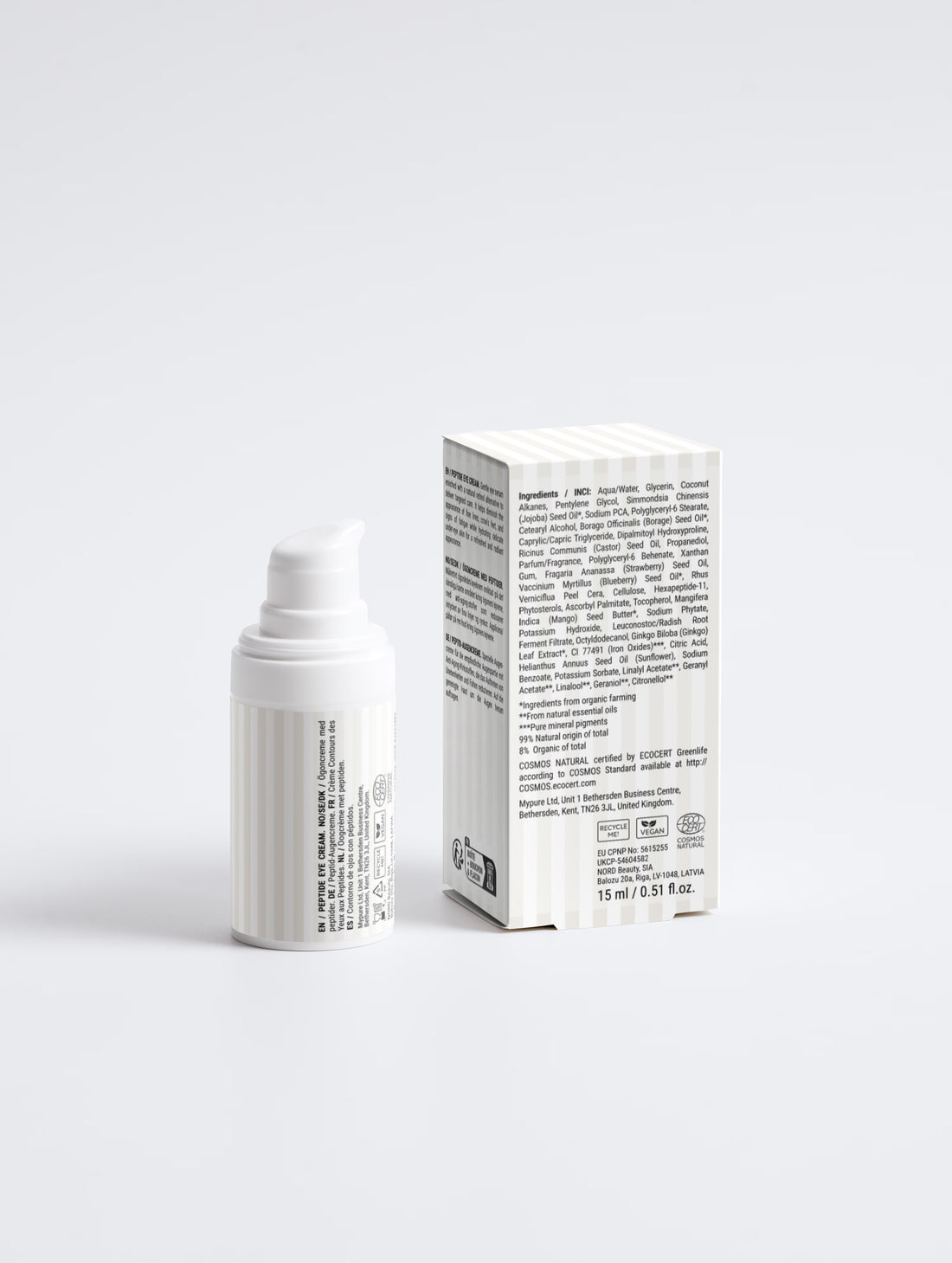 The eye cream bottle beside the carton, ingredient panel facing out