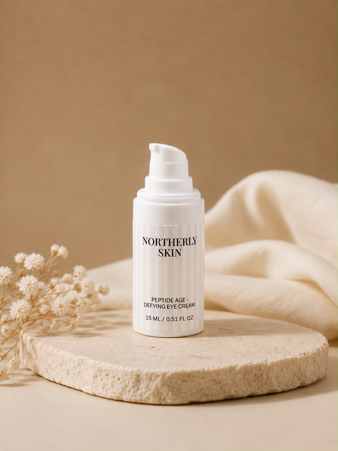 The 15 ml Peptide Age-Defying Eye Cream on a stone plinth with dried flowers