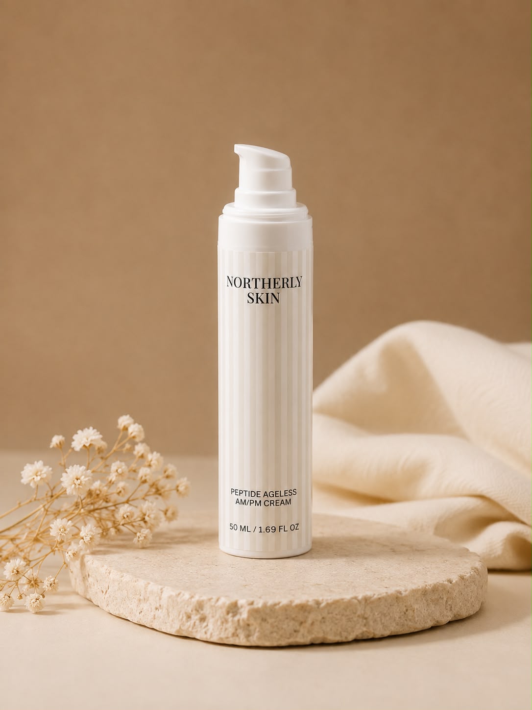 The 50 ml Peptide Ageless AM/PM Cream on a stone plinth with linen