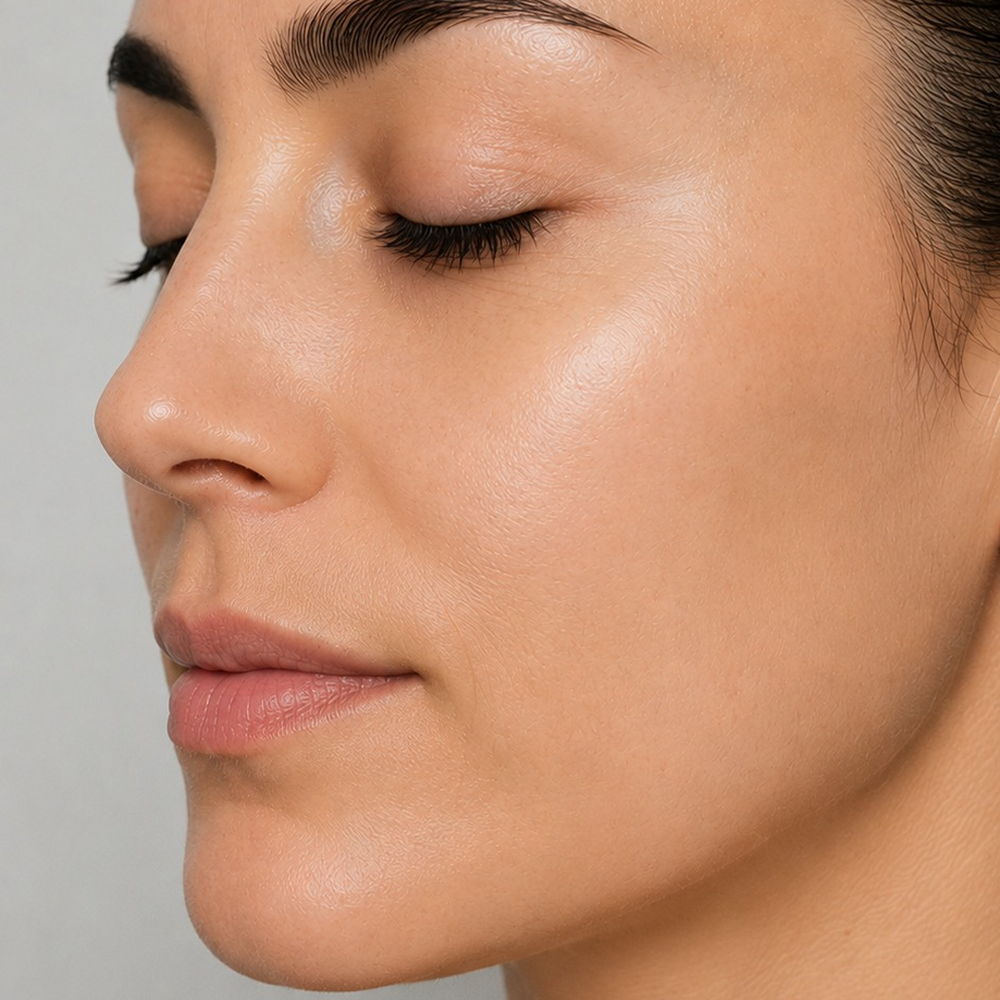 A cheek and closed eye, seen at an angle, after